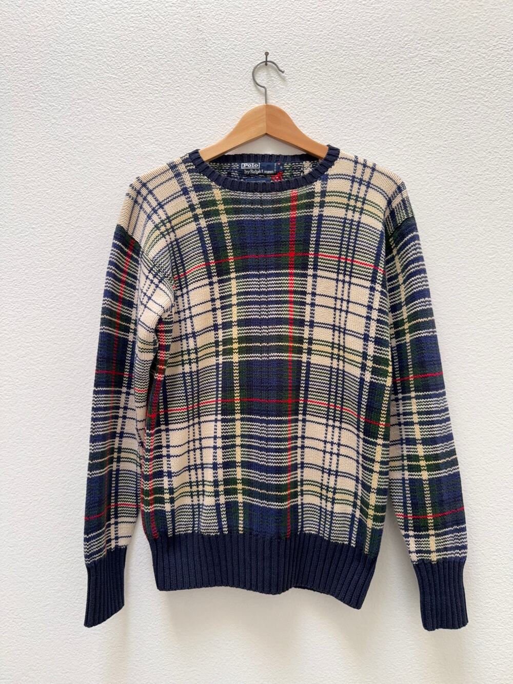 Vintage 90s Polo Ralph Lauren Plaid Knit Sweater Mens Small Blue Green Tartan